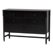 Baxton Studio Brantley Spindle Dresser - 6-Drawer Horizontal Storage Cabinet with Beaded Frame and Elevated Base for Bedroom, Black